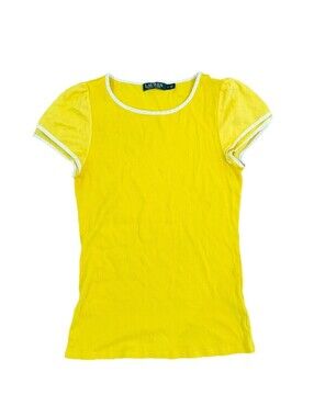 Lauren Ralph Lauren Pastel Yellow Ribbed Puff Sleeve Top Preppy Size Large
